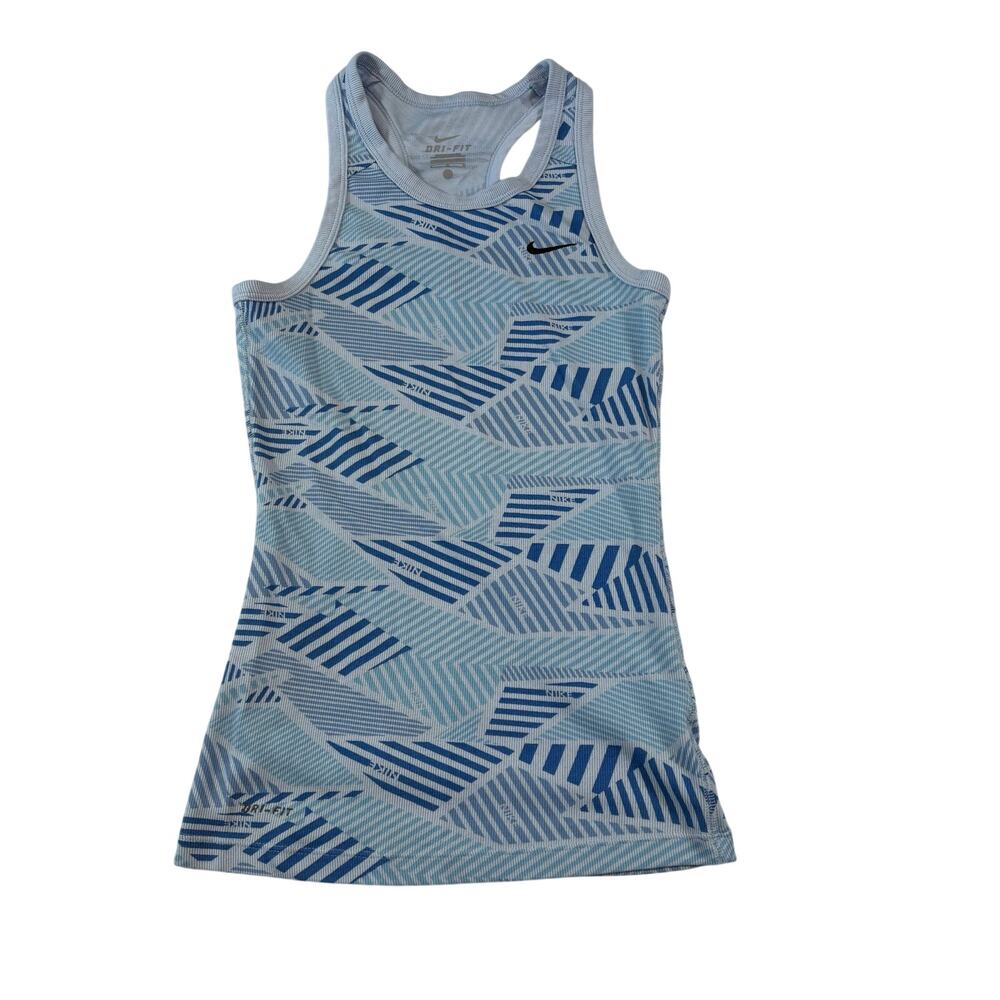 Nike Dri-FIT Ribbed Racerback Tank Top, Girls Size L, Geometric Blue Pattern
